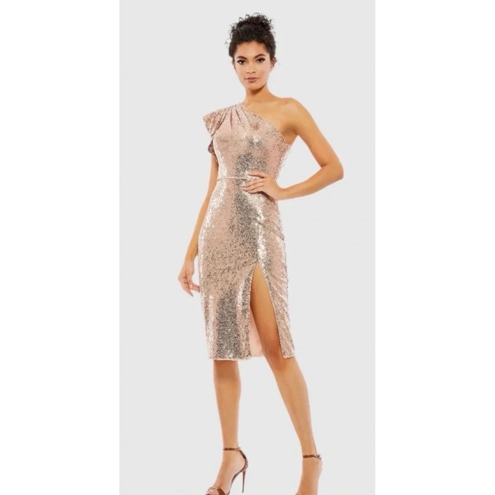 Ieena for Mac Duggal Sequin One Shoulder Cocktail Dress Copper Rose Gold 70162